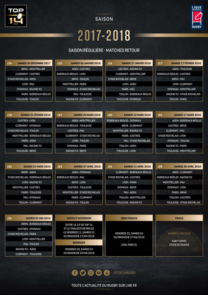 CALENDRIER TOP 14 - SAISON 2017 - 2018