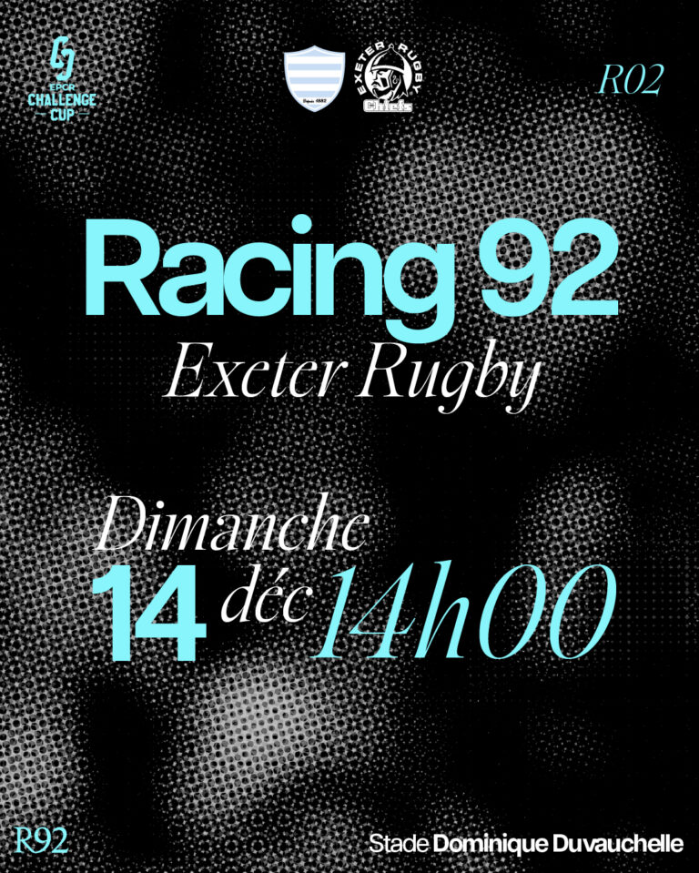 Affiche match du Racing 92 face à Exeter le 14 décembre 2025 au stade Dominique Duvauchelle à Créteil