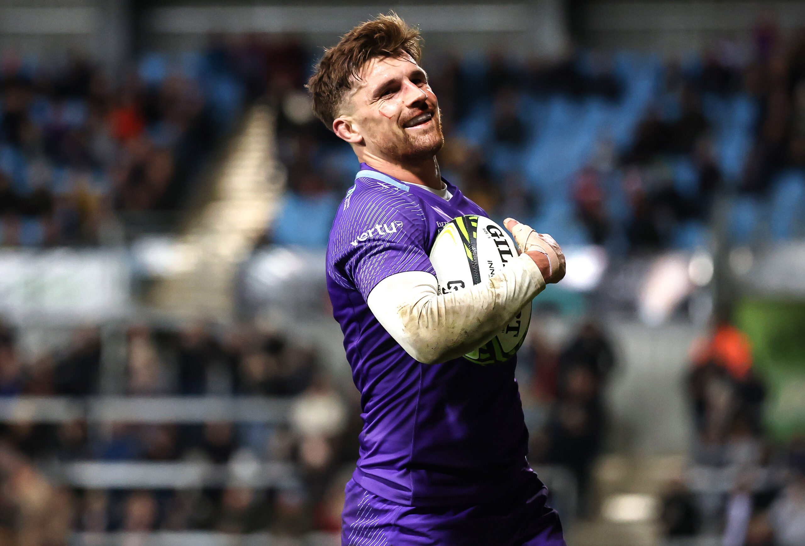 Henry Slade celebrates scoring a try 7/12/2025