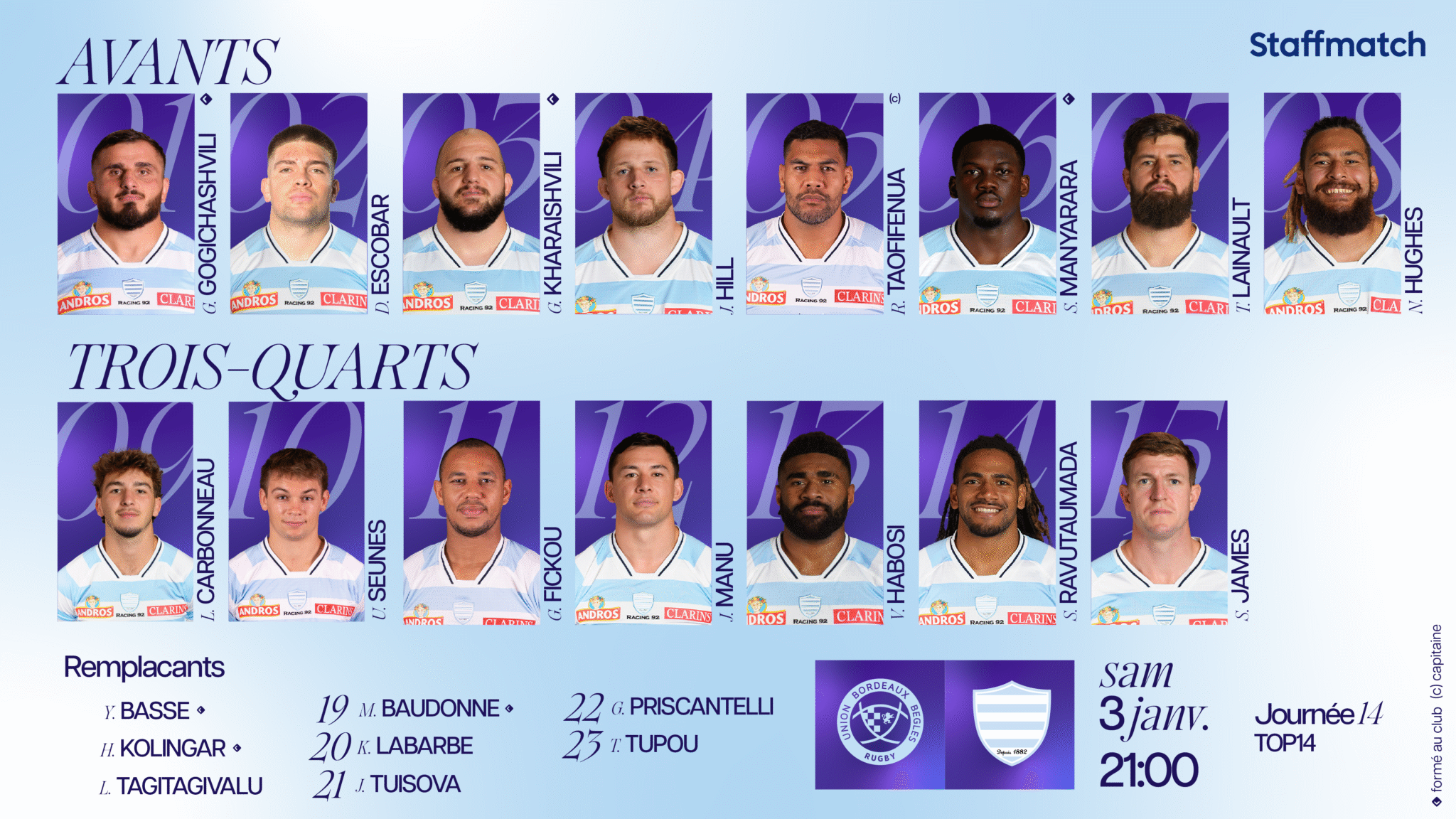 J14 - Union Bordeaux Bègles v Racing 92, la composition des Ciel et ...
